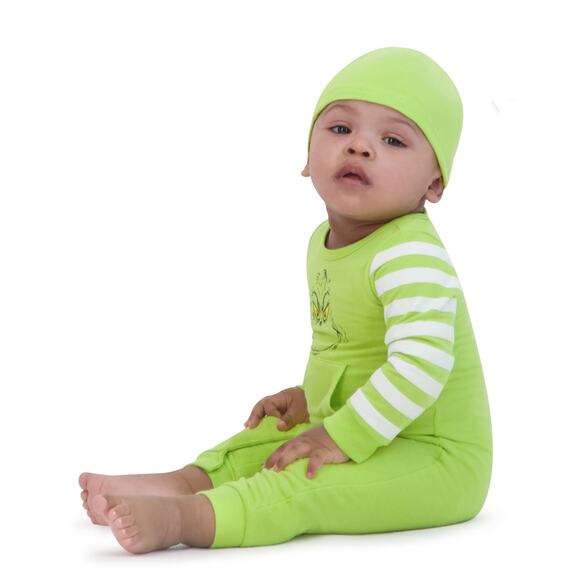 Dr. Seuss’ The Grinch 12 months Christmas holidays Baby Green Coverall and Hat - Picture 3 of 5